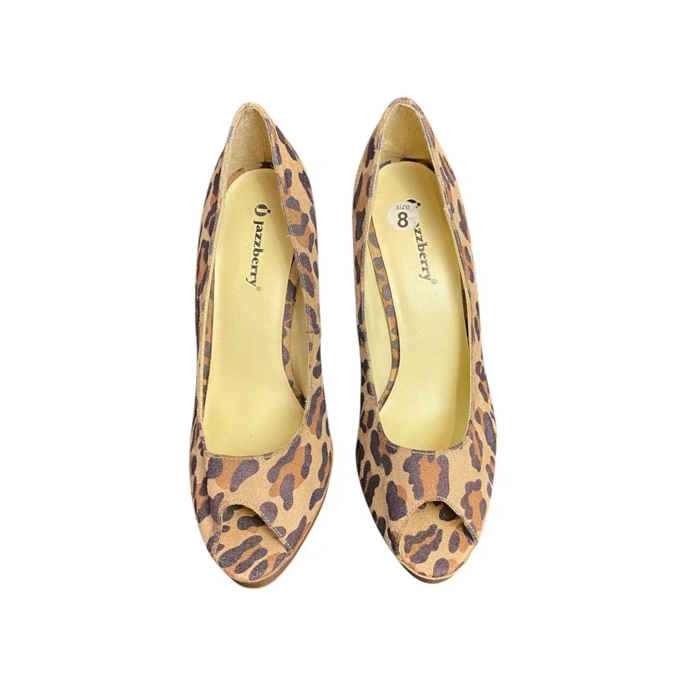 Jazzberry Keira Women's Size 8‎ Leopard Print Peep Toe High Heel Pumps